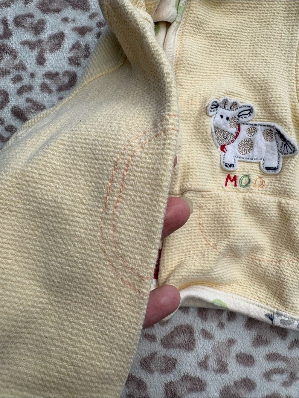 Vintage Yellow Baby Zip Up Sweater Size 6-9 Months Cow Appliqué Cottagecore